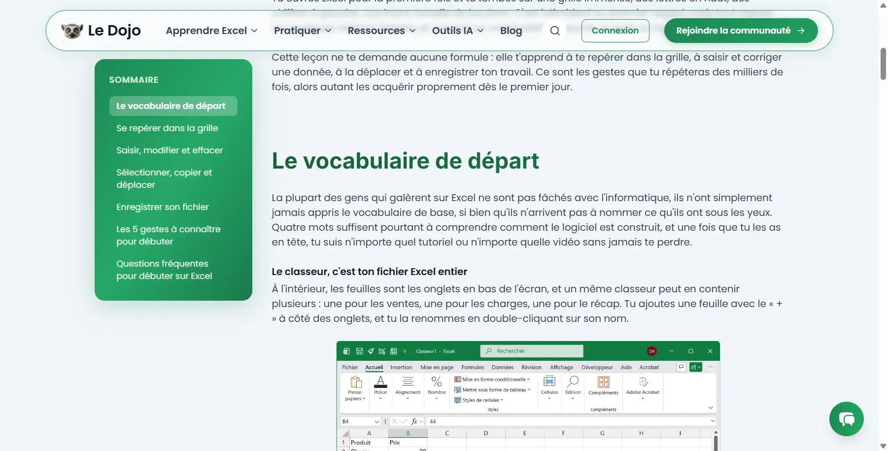 Aperçu du cours Excel du Dojo : leçons dans l'ordre, avec progression et sommaire