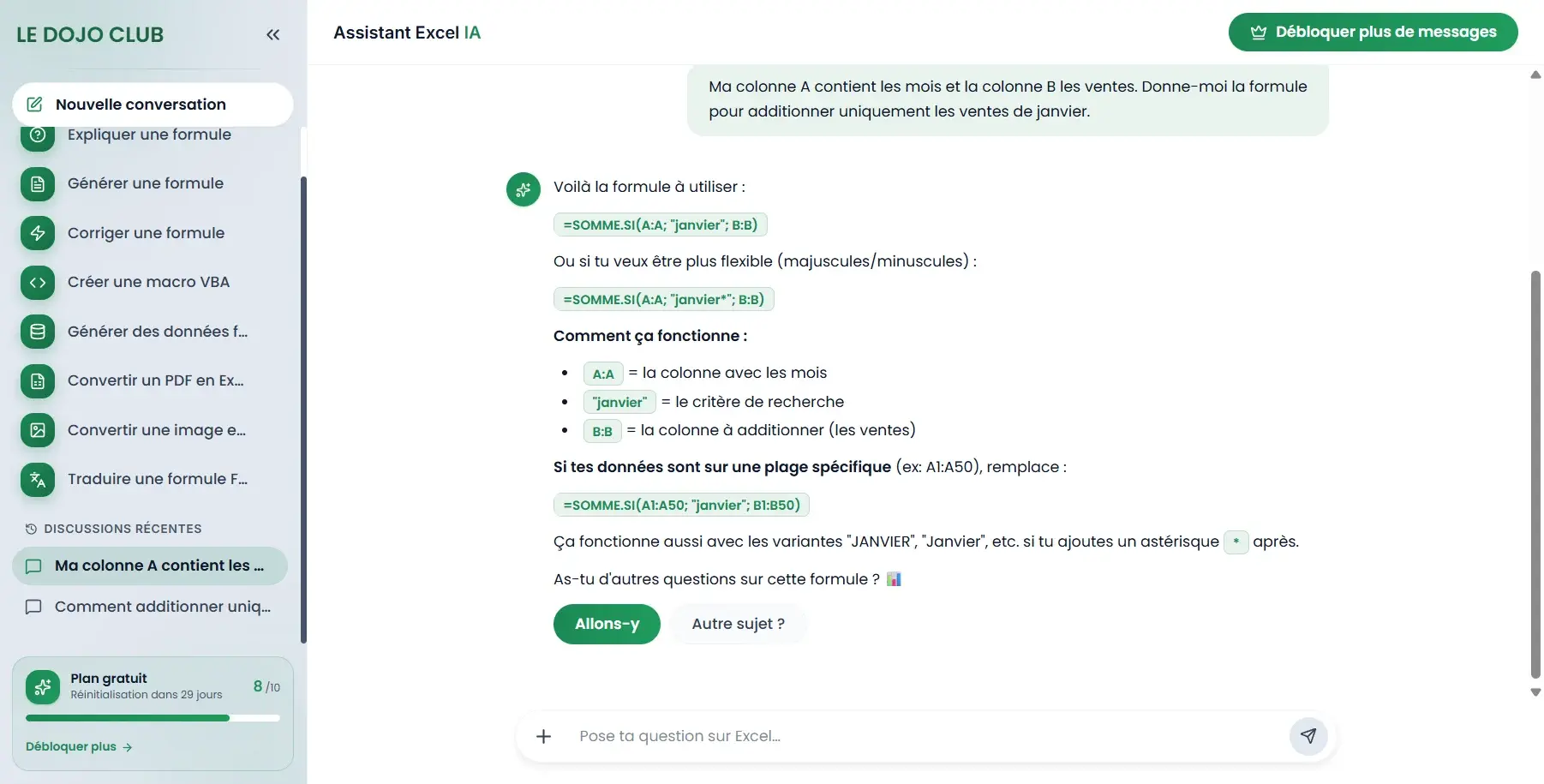 Conversation avec l'assistant Excel IA du Dojo : il répond =SOMME.SI(A:A; "janvier"; B:B) et détaille chaque argument